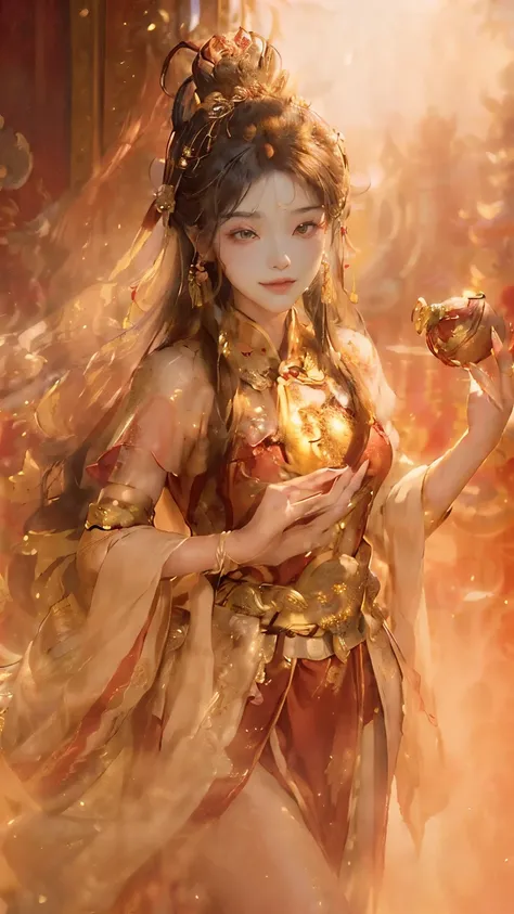 ((Best quality: 1.4), ((Ultra detailed: 1.3）), (((Masterpiece: 1.4）), illustration, 1 girl, Chinese dragon, golden scales, majestic, serene, traditionally dressed, in a red and gold Chinese attire, standing gracefully, close-up perspective reveals each int...