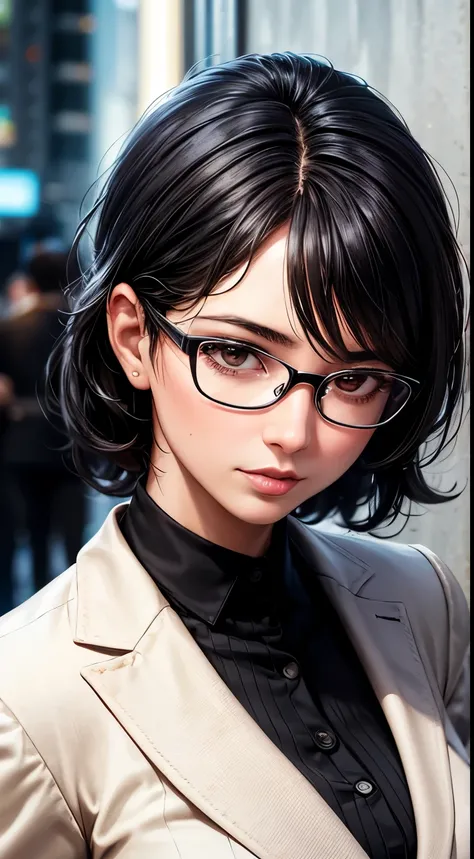 Woman, 30 years, adult, black hair, sexy lawyer, lawyer clothes, glasses, nigth, soft ligth, face detail, close-up, fingers --style realistic-imagine -