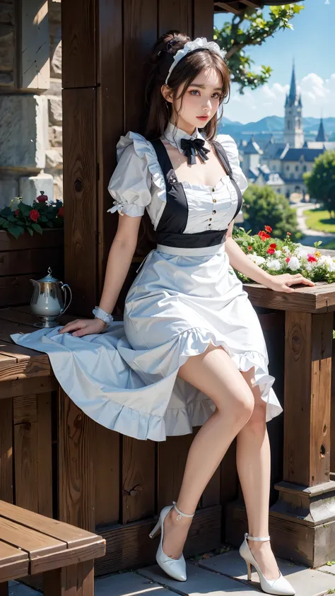 (highest quality、8K、masterpiece：1.3)、 1 woman、( A garden with a classical and prestigious castle in the background  )、( Very high quality deep background : 1.2)、brown hair tied up、beautiful woman with perfect figure: 1.4、Highly detailed face and skin textu...