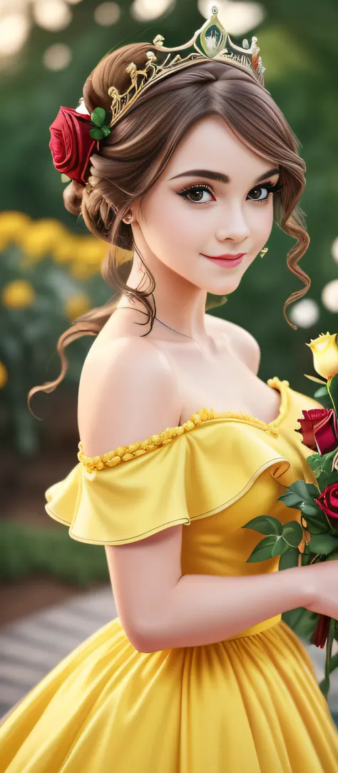 (bell wife: 1), surprised, cute, cute pose, look at the viewer, (yellow dress: 1.2), :d (hair bun, tiara), curvaceous, (holding ...