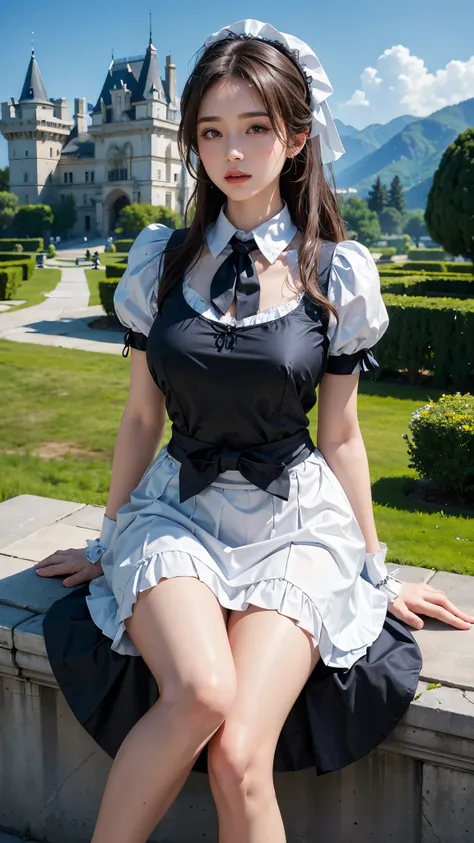 ( highest quality、8K、masterpiece、realistic：1.3 )、 1 woman、( A garden with a classical and prestigious castle in the background )、( Very high quality deep background : 1.2)、nature bright sunlight、blue sky、brown hair tied up、beautiful woman with perfect figu...