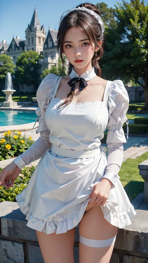 ( highest quality、8K、masterpiece、realistic：1.3 )、 1 woman、( A garden with a classical and prestigious castle in the background )、( Very high quality deep background : 1.2)、nature bright sunlight、blue sky、brown hair tied up、beautiful woman with perfect figu...