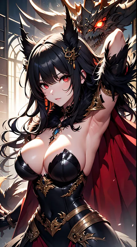 master piece, bokeh, best quality, photorealistic, ultra high resolution, 1 mature female, ultra detailed, (closeup portrait:1.2),

(black fur red cloak:1.2), (long red dress), (black dragon bone full body armor), intricate silver embroidery,

beautiful re...