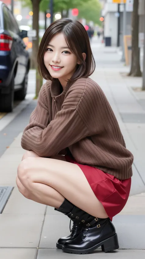 Photo taken by a professional photographer，laughter:1.5，Close-up of a woman squatting on the sidewalk, wearing a sweater, Short-cut brown hair, hair is disheveled，young and cute girl, Wearing a super super super super super super super mini skirt:1.5，Wear ...