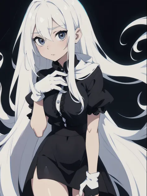 ((White hair)),((Head and Shoulders Image)),(super-long hair),Sexy,A person,Alone,Simple style,pancake ,Simple details,Black background,Empty background,Black background wall,(20 year old woman),(Droopy hair),(White Gloves),Puffy skirt,(Lace Shirt),Lace,((...