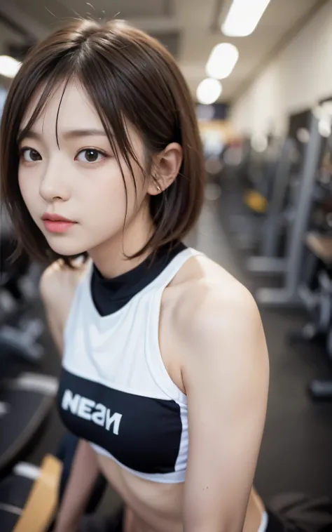 cute 21 year old japanese、university student、sportswear、super detailed face、eye、double eyelid、beautiful thin nose、sharp focus:1.2、beauty:1.4、(light brown hair、short hair、),pure white skin、、slender body、highest quality、masterpiece、ultra high resolution、(Pho...