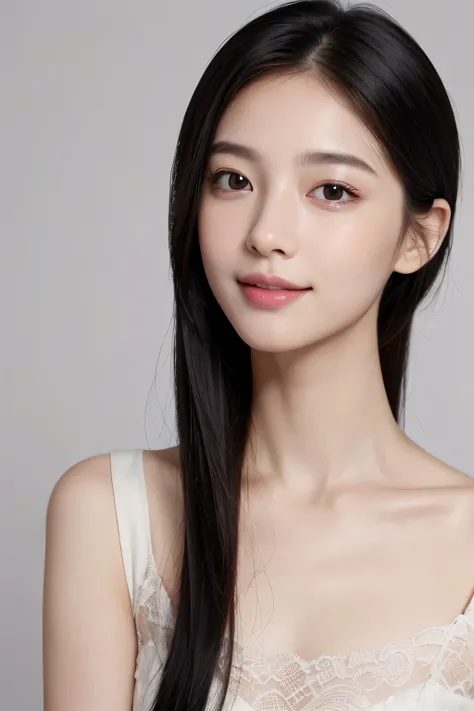 High resolution、、no makeup、long neck、８ｋ、Close-up image of a face、high nose、long jaw、narrow eyes、white skin、intellectual beauty、clear eyes、transparent skin、daily life、smile、real photos、thin lips、National beautiful girl、berry shortcuts