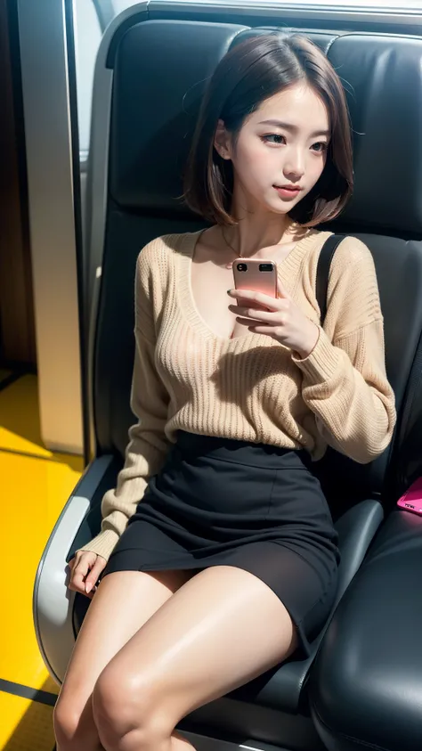 laughter:1.5、I can see her small white panties:1.5，Brown hair short cut with side waves:1.5，casual sneaker wear:1.5，Sitting in a train seat:1.5，Holding a smartphone in one hand，Wearing a super super super super mini skirt，Wearing an open-chested knit sweat...