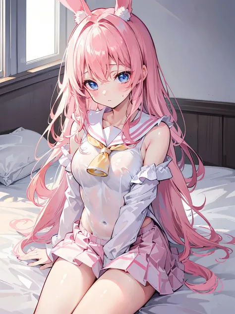 20 year old female，pretty girl　School swimsuit pink wavy hair，Qi bangs　（sitting on bed），　ass focus　Upper body sailor suit　sailor collar　you know a lot　White knee socks　Rabbit ears，mini skirt、(pubic stripe enhancement)、(white full view)、（Unbutton your white...