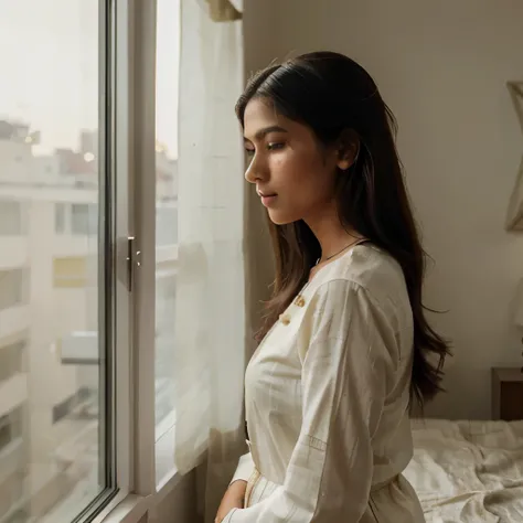 Photorealistic image of a South Indian girl in her 20s, standing by the window curtains in a bedroom, capturing a moment of introspection or serene contemplation. She has a beautiful face with sharp features, a distinct sharp nose, and the unique charm of ...