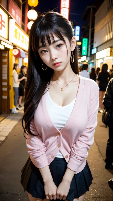 Girl in school cardigan posing for photo, Two beautiful japanese girl、 14 years、Big breasts that are about to explode、Underwear sticks out、lower body uniform skirt、Stand in front of a sex shop on Neon Street in the middle of the night、sexy girl, gorgeous j...