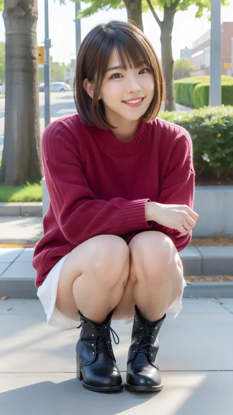 Photo taken by a professional photographer，laughter:1.5，Close-up of a woman squatting on the sidewalk, wearing a sweater, Short-cut brown hair, hair is disheveled，young and cute girl, Wearing a super super super super super super super mini skirt:1.5，Wear ...