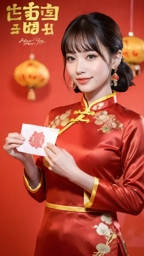 : reality picture a chinese woman wearing a red cheongsam in beijing holds a small red envelope from the 1950s in her hand., cre...