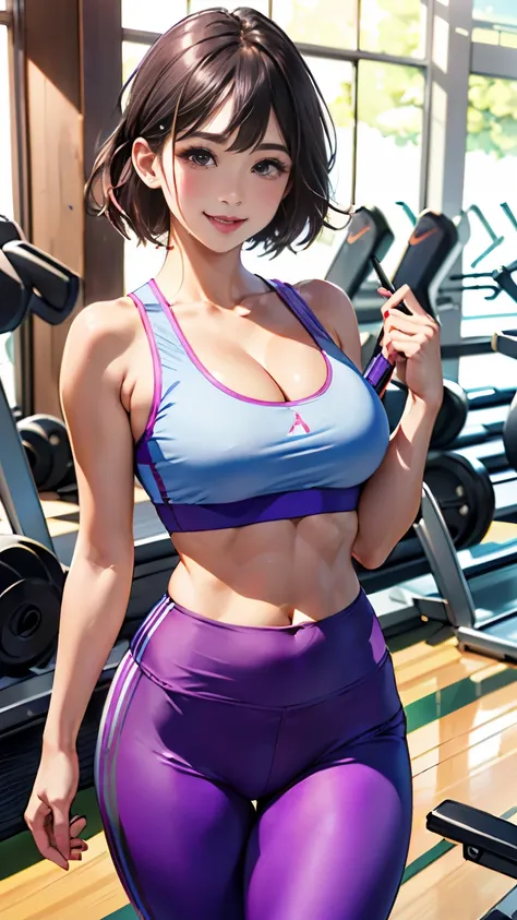 (8K、Super high resolution、Ultra - High resolution、Super high quality、surreal、highest quality、Masseter muscle part:1.2)(pretty huge chest、big cleavage、hide all breasts:1.3)toned body、slender body(nike purple sports bra、Purple leggings:1.25)(brown 1 length o...