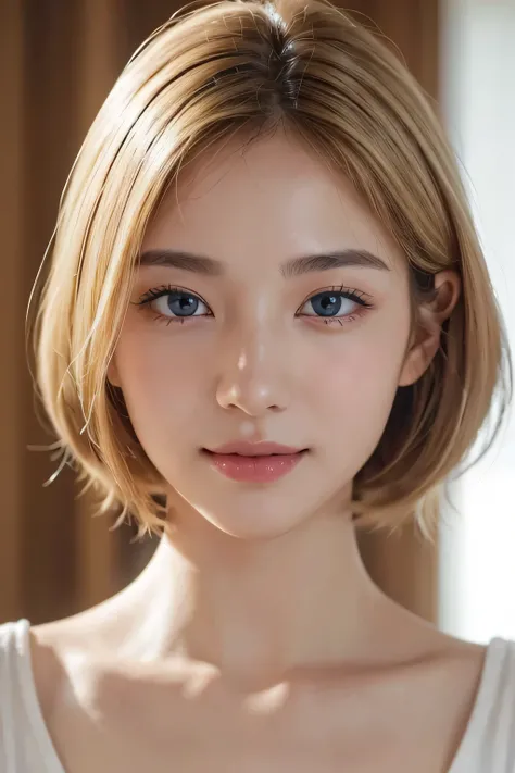 High resolution、、no makeup、８ｋ、Close-up image of a face、high nose、long jaw、narrow eyes、white skin、intellectual beauty、clear eyes、transparent skin、daily life、smile、real photos、thin lips、National beautiful girl、shortcut、blonde hair