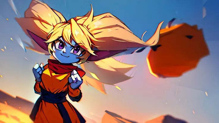 poppy voando e vestida como goku, o personagem de dragon ball, com um sorriso no rosto