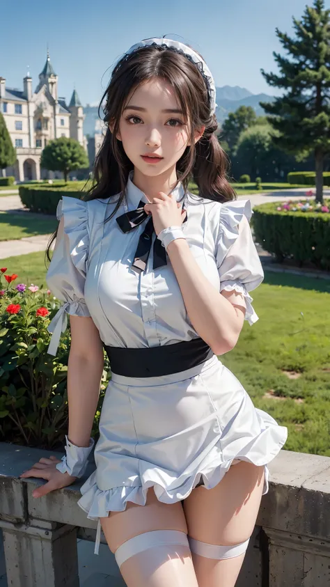 ( highest quality、8K、masterpiece、realistic：1.3 )、 1 woman、( A garden with a classical and prestigious castle in the background )、( Very high quality deep background : 1.2)、nature bright sunlight、blue sky、smile、Brown hair tied into twin tails、beautiful woma...