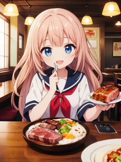 (masterpiece:1.2) , (best quality:1.2) , (ultra-detailed:1.2), 2.5D,extremely detailed,anime,restaurant,thick-sliced ​​steak,serafuku,smile,:d,cutlery,,