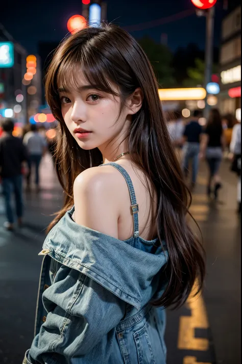 Beautiful girl in a denim jacket stands on a city street., long brown hair, brown eyes, Portrait of a Japanese teenager, Artgerm 8K bokeh, (Realistic face details), complicated details, very high details, Realistic photos, 8ก, UHD, hyperspace,