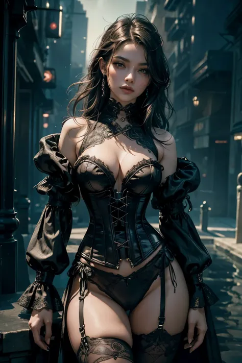 (Exquisitely Detailed, 4K Image), A Woman in a Corset, Close-up Shot, Poolside, Inspired by Hedi Xandts Digital Rendering, Gothic Art-infused, Seductive Cyberpunk Dark Fantasy, Intricately Designed Outfit, Tight and Laced Corset, Luxurious Lingerie, Posing...