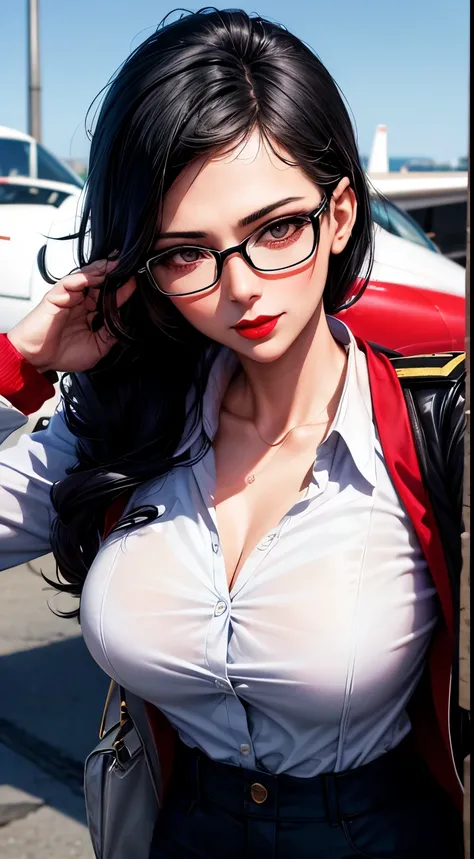 Woman, 30 years, adult, black hair, sexy airplane pilot, glasses, red lips, nigth, soft ligth, face detail, from above, fingers --style realistic-imagine -