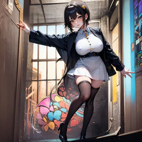 Satori toho character, (solo), (standing), (stained glass), BREAK, short hair, (huge perky breasts), bursting breasts, (inconceivably thin waist:1.2), very long legs, BREAK, (black blazer:1.3), (black thighhighs:1.3), (very short black high-waist skirt:1.3...