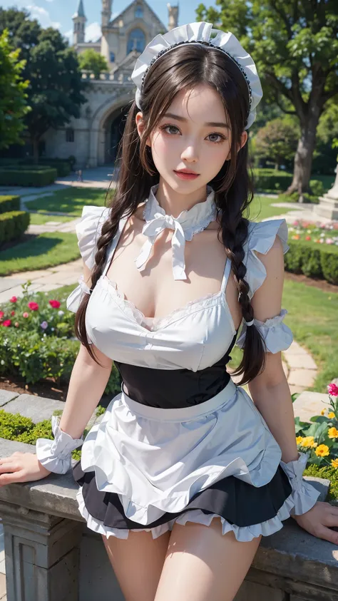 ( highest quality、8K、masterpiece、realistic：1.3 )、 1 woman、( A garden with a classical and prestigious castle in the background )、( Very high quality deep background : 1.2)、nature bright sunlight、blue sky、smile、Brown hair tied into twin tails、beautiful woma...