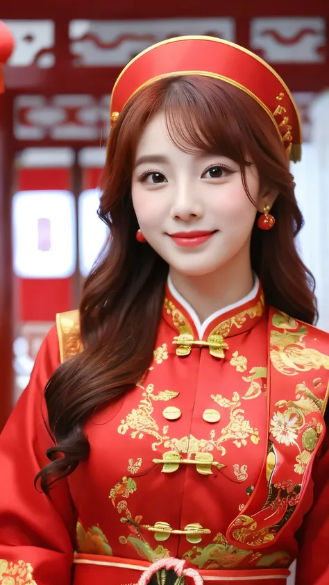 UHD, cute Korean female,Chest size 32 inches, red wavy, wearing Chinese traditional outfit, standing in the Chinese pavillion,blurred background