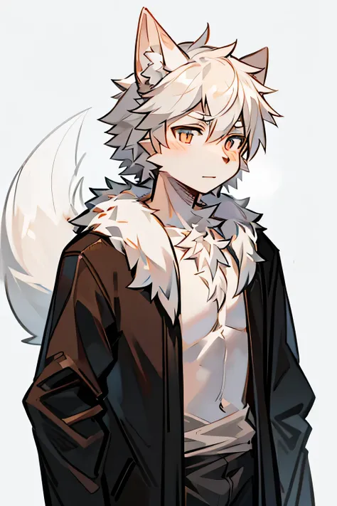 Siberian wolf, furry characters, Werewolf, Upper body character, Humanities and Arts, Furry man with tail, male beast, 拟人化的Siberian wolf, Single character upper body, cute characters, Werewolf, furry beasts，Off-white fur，wolf ears，not exposed，fully dressed