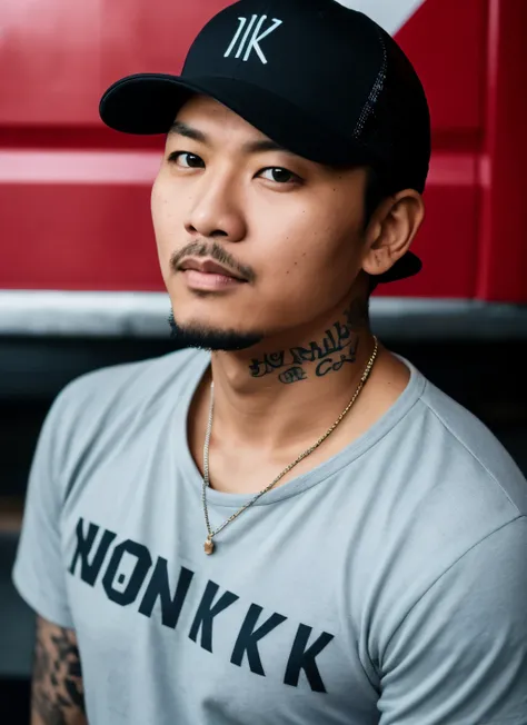 RAW photo, a (potrait:1.2) of a very handsome man indonesia wearing a trucker cap that says NOKEN, tatto si hand, (high detailed skin:1.2), 8k uhd, dslr, soft lighting, high quality, film grain, Fujifilm XT3, cafe and resto