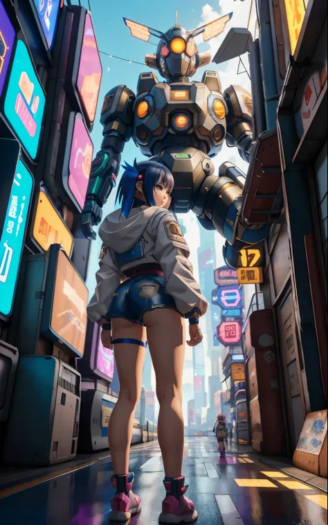 Anime girl in short shorts and jacket standing next to a giant robot, artwork in the style of Gweiz, cyberpunk anime girl mecha, trending on cgstation, Gweiz, Written by Russell Dongjun Lu, digital cyberpunk anime art, lost run 8k, Gweiz on artstation pixi...