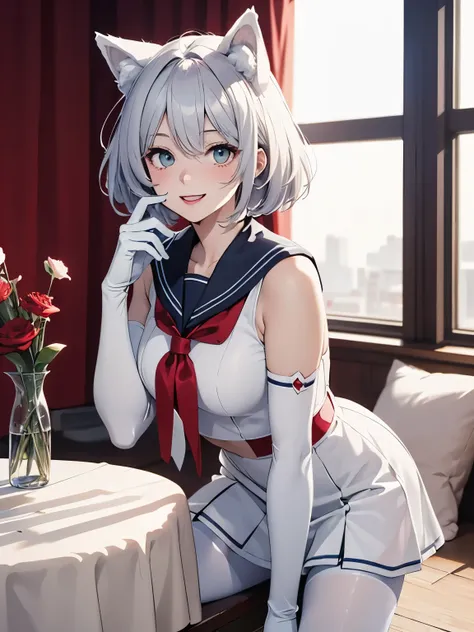 table top　High level image quality　best image quality　8K　 adult woman　Portrait　white long gloves（long gloves）　pure white pantyhose　sailor suit（sleeveless）　mini skirt　White wolf ears　short hair（（shortcut）（gray hair）（perm）（fluffy））　eye color is blue　Face sed...