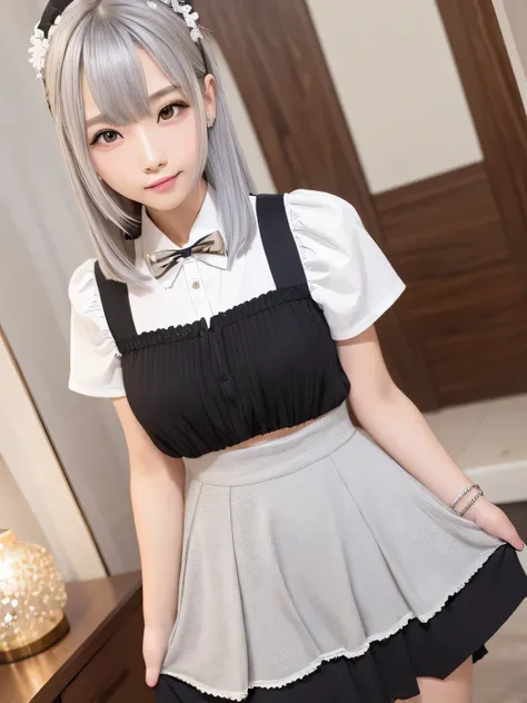 mini skirt、hair ornaments、whole body、Photo taken from below、one beautiful maid、(((silver hair)))、indoor