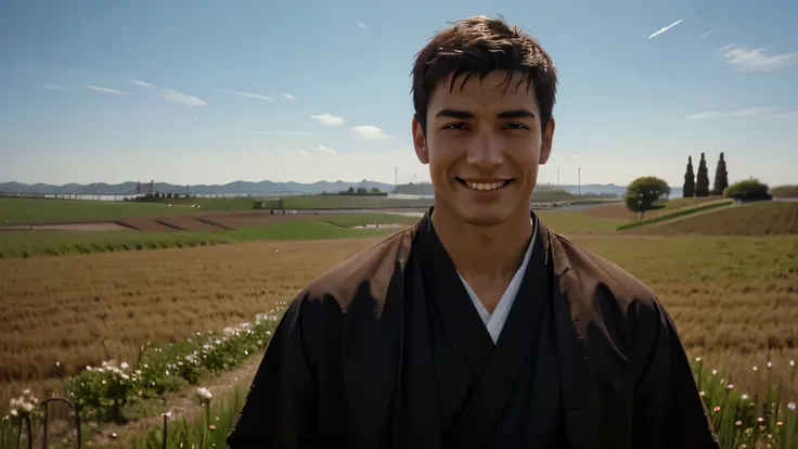 otima qualidade, Hiper-realista, imagem de um jovem monge, Hes looking up at the sky, hes smiling, imagem de fundo de um campo desfocado, cinematographic, 8k