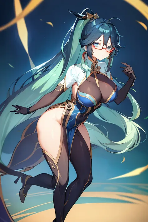 (extremely detailed CG, best quality:1.1), 1girl, perfect face, bright pupils, (finely detailed beautiful eyes:1.1), blue eyes, shiny skin, lustrous skin, wide hips, narrow waist, long hair, glasses, semi-rimless eyewear, ponytail, multicolored hair, hair ...