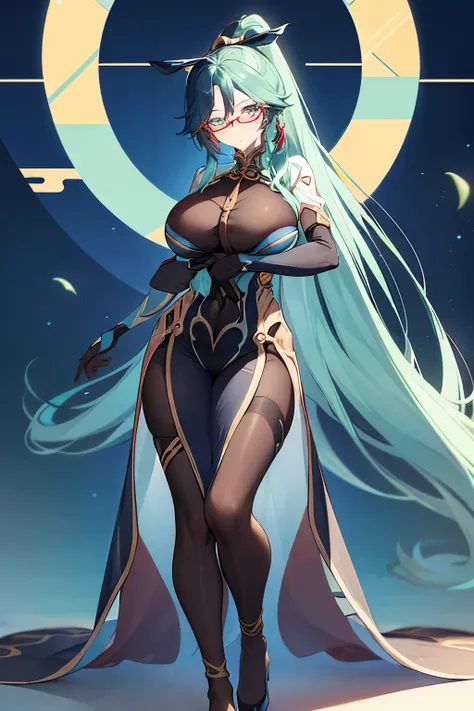 (extremely detailed CG, best quality:1.1), 1girl, perfect face, bright pupils, (finely detailed beautiful eyes:1.1), blue eyes, shiny skin, lustrous skin, wide hips, narrow waist, long hair, glasses, semi-rimless eyewear, ponytail, multicolored hair, hair ...