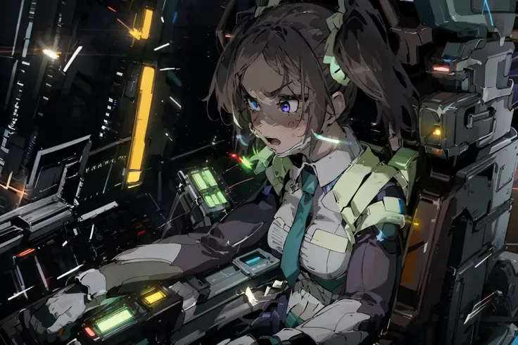 "in a futuristic cockpit, a beautiful girl with light brown hair tied up in twintails captivates with her noble temperament. her...