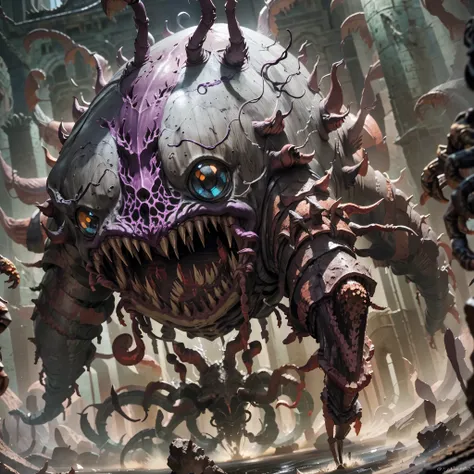 (a creepy crab monster, bright purple, creepy, giant maw full of shark teeth, spiky armor, and tentacles with many eyes), prowls...