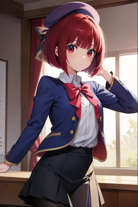 Kana Arima, Arima maybe, bob cut, (red eyes:1.5), redhead, short hair,
break beret, blue hat, blue Jacket, blue vest, have, Jacket, pantyhose, ribbon, school uniform, skirt, vest, youtou high school uniform,
break looking at viewer,
break indoors, classroo...