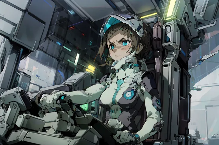 "in a futuristic cockpit, a beautiful girl with light brown hair tied up in twintails captivates with her noble temperament. her...