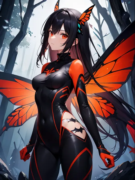 sketch of a female game character, tight clothing, black red and orange tones, butterfly wings connecting the back to the wrists like the anatomy of bat wings, heroine pose, bluish forest in the background, assets, character assets.