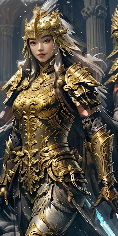 A girl in armor holds a golden sword, a close-up of golden heavy armor. Dramatic, stunning armor, face close-up, golden armor, detailed fantasy armor, silver and gold armor, long white hair, delicate face, gorgeous jewelry, slender legs, smile, beautiful a...