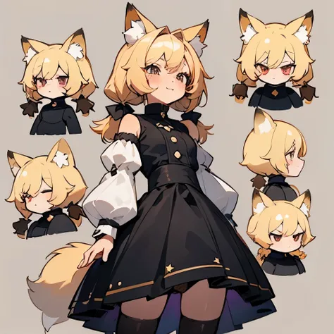 Cute girl, black skirt, blushing, black attire, tiny and tight shirt, small sleeves, puffy sleeves, exposed shoulders, black thigh-high leggings, short and fluffy hair covering eyes, blonde hair, fox ears, fox tail, fluffy tail, only one tail, cute and plu...