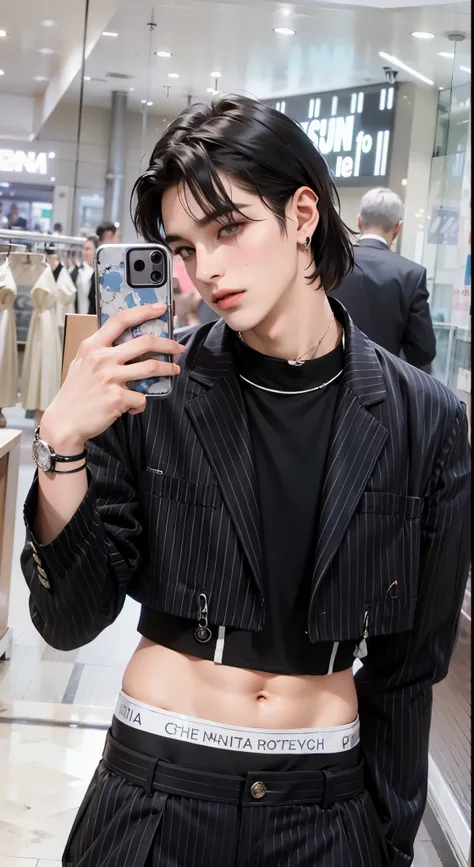 mulher tirando uma selfie de terno e gravata com um celular, cai xukun, camisa cropped com jaqueta, xqc, Jinyoung Shin, inspirado em Ion Andreescu, jia, androgynous, androginia, delicate androgynous prince, an epic non-binary model, Jung Jaehyun, hyung tae...