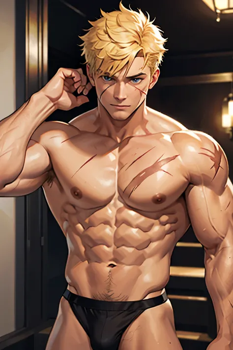 1 man, ((muscular)), short blonde, scars all over body