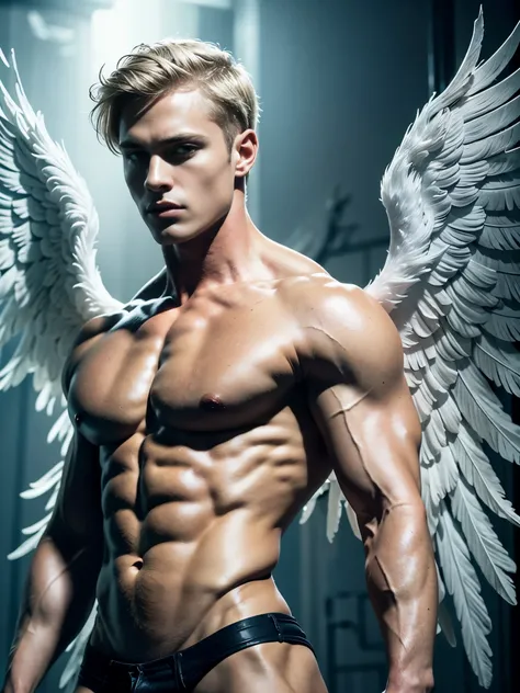 Photorealistic, ((best quality)), ((masterpiece)), (detailed), masculine portrait of young angel, 18-year-old male models, handsome, tall, cute looking, cute look, sweet look, powerful, young male, handsome model, clean shave, aquamarine eyes. (blond hair:...