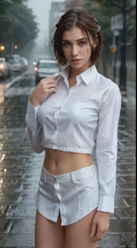 ((Best Quality, 8K, Masterpiece: 1.3)), Sharp: 1.2, Perfect Body Beauty: 1.4, Slim Abs: 1.2, ((Layered Hairstyle)), (Wet White Button Long Shirt: 1.1), (Rain, Street: 1.2), Wet: 1.5, Highly detailed face and skin texture, detailed eyes, double eyelids, sid...