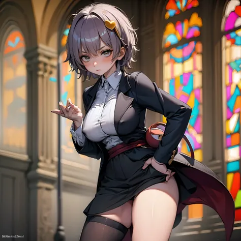 (Satori toho character:1.1), (solo), (standing), (stained glass), BREAK, short hair, (huge perky breasts), bursting breasts, (inconceivably thin waist:1.2), very long legs, BREAK, (black blazer:1.3), (black thighhighs:1.3), (very short black high-waist ski...