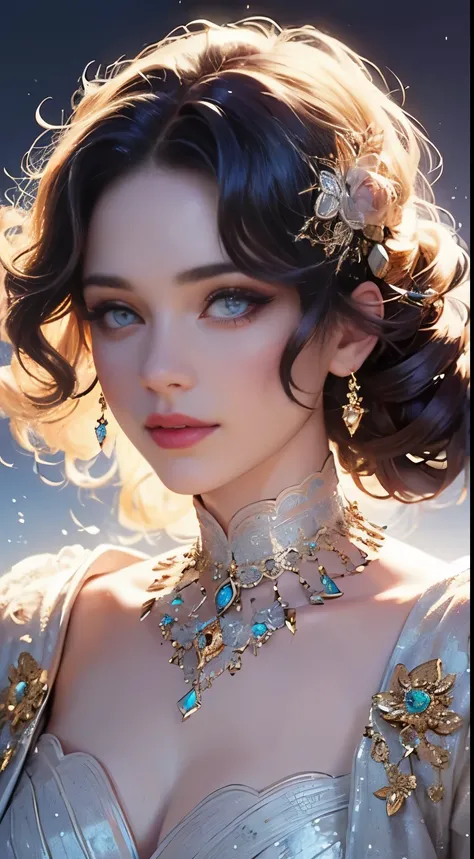 (best quality,ultra-detailed,realistic:1.37),portrait,beautiful young woman with noble appearance,ornate curls, large wavy curls at the ends of hair,bright and clear eyes,floral arrangement,crystal accessories,exquisite craftsmanship,soft lighting