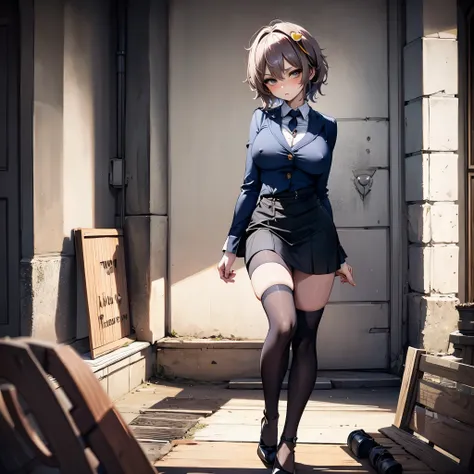 (Satori toho character:1.1), (solo), (standing), (stained glass), BREAK, short hair, (huge perky breasts), bursting breasts, (inconceivably thin waist:1.2), very long legs, BREAK, (black blazer:1.3), (black thighhighs:1.3), (very short black high-waist ski...